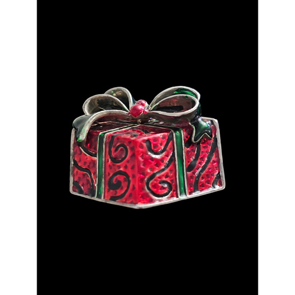 Vintage Pendant Brooch Signed MJ Christmas Present Pendant Enamel Red Green Gold - Picture 5 of 9